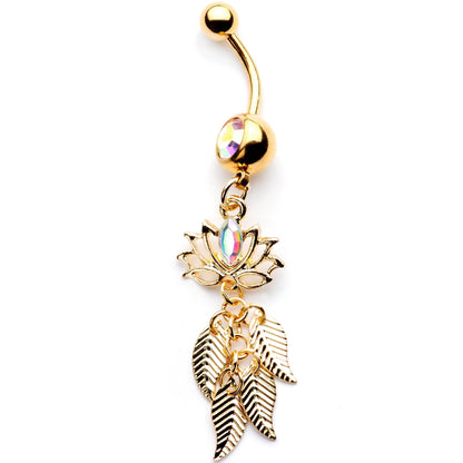 Aurora Gem Gold Tone Anodized Leafy Lotus Flower Dangle Belly Ring