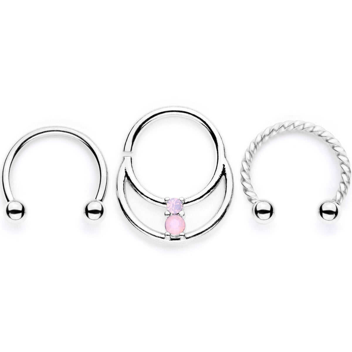 16G 3/8 Pink Faux Opal Twisted Horseshoe Closure Ring Set