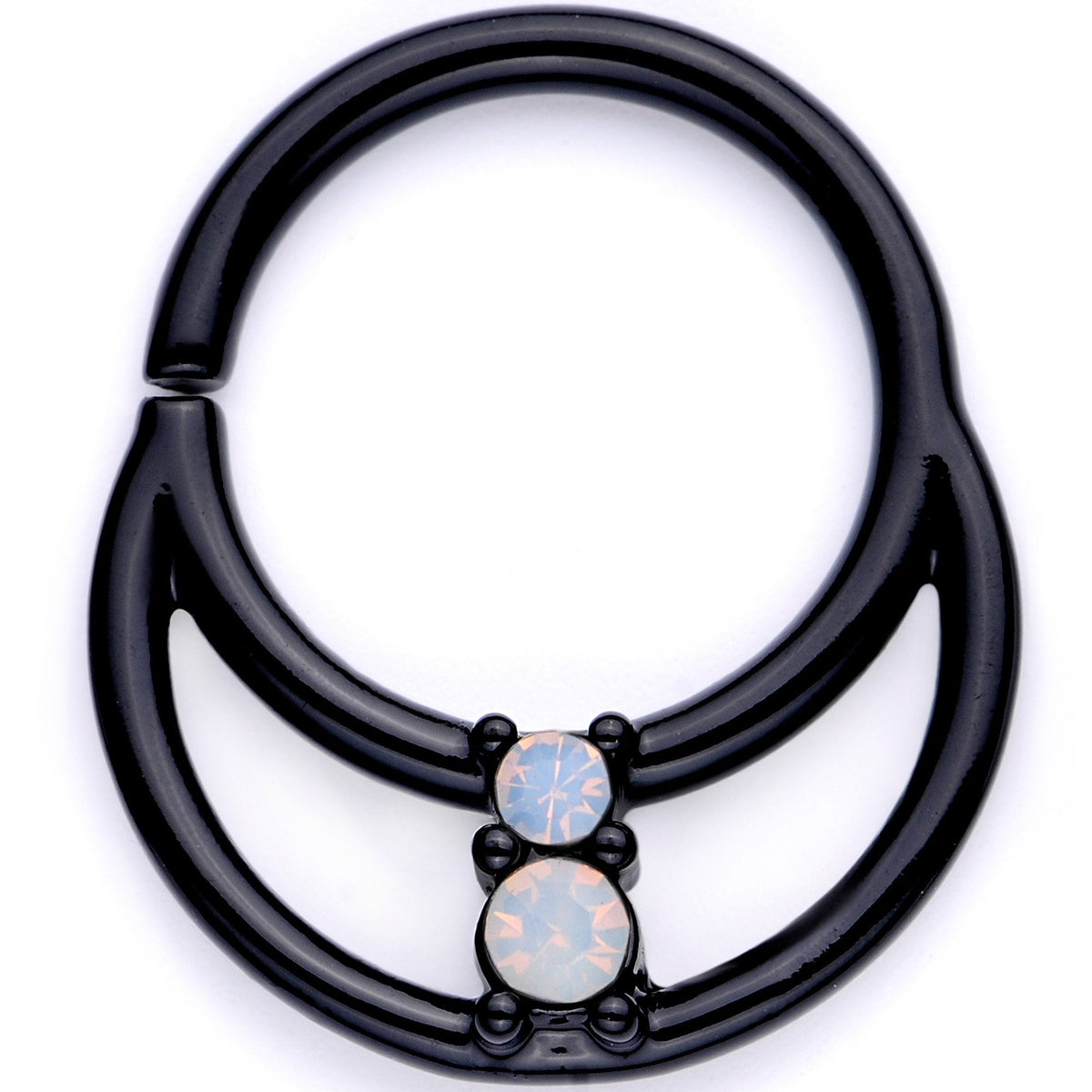 16G 3/8 White Faux Opal Black Anodized Twisted Horseshoe Closure Ring Set