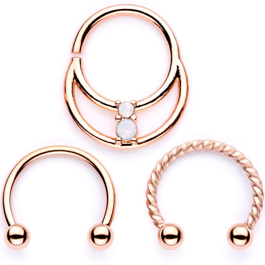 16G 3/8 White Faux Opal Rose Gold Tone Twisted Horseshoe BCR Captive Ring Set