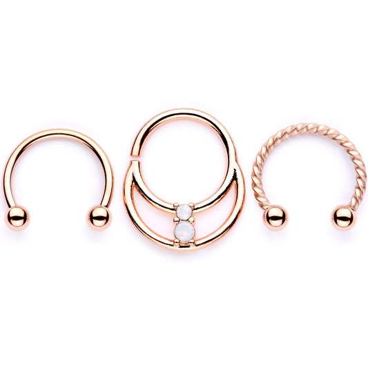 16G 3/8 White Faux Opal Rose Gold Tone Twisted Horseshoe BCR Captive Ring Set