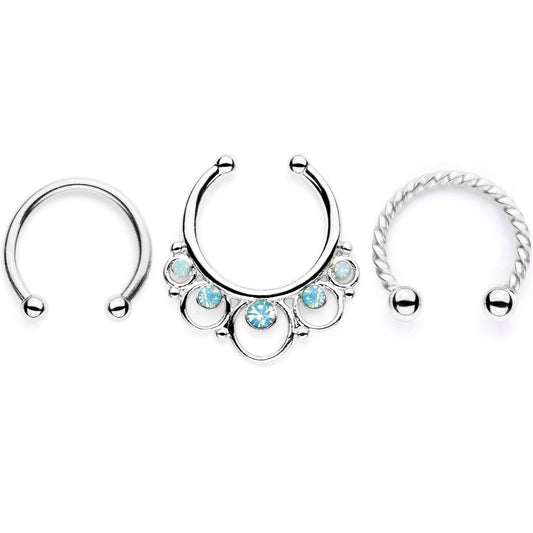 16G Teal Faux Opal Twisted Horseshoe Clip On Fake Septum Ring Set