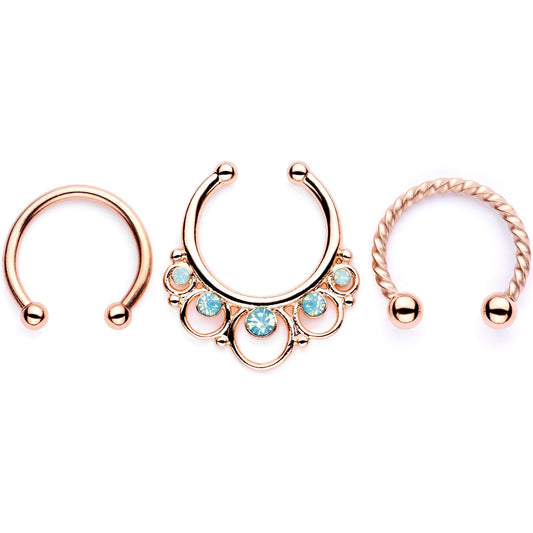 16G Teal Faux Opal Rose Gold Tone Twisted Horseshoe Clip On Fake Septum Ring Set