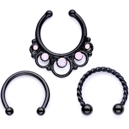 16G Pink Faux Opal Black Anodized Twisted Horseshoe Clip On Fake Septum Ring Set