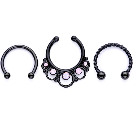 16G Pink Faux Opal Black Anodized Twisted Horseshoe Clip On Fake Septum Ring Set