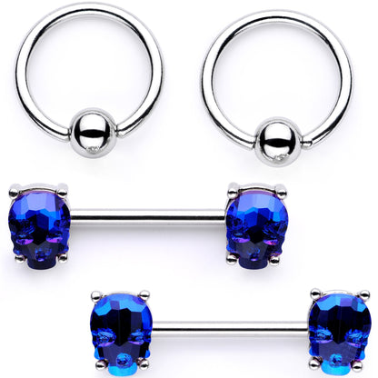 14G Blue Sugar Skull Captive Ring Barbell Nipple Ring Set