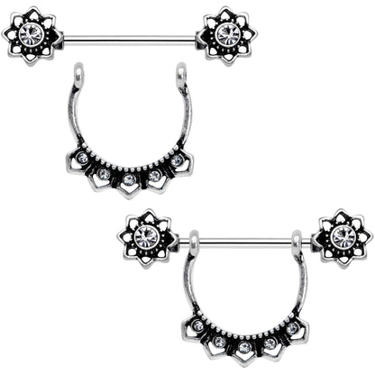 Clear Gem Flapper Fashion Removable Dangle Barbell Nipple Ring Set