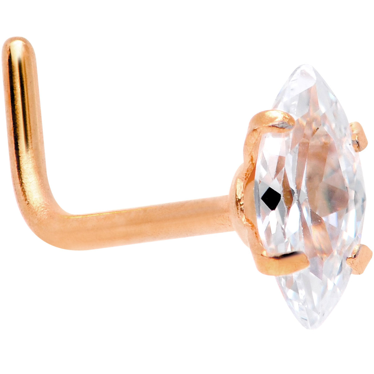 20G 1/4 Clear CZ Gem Rose Gold IP Ellipse L Shape Nose Ring