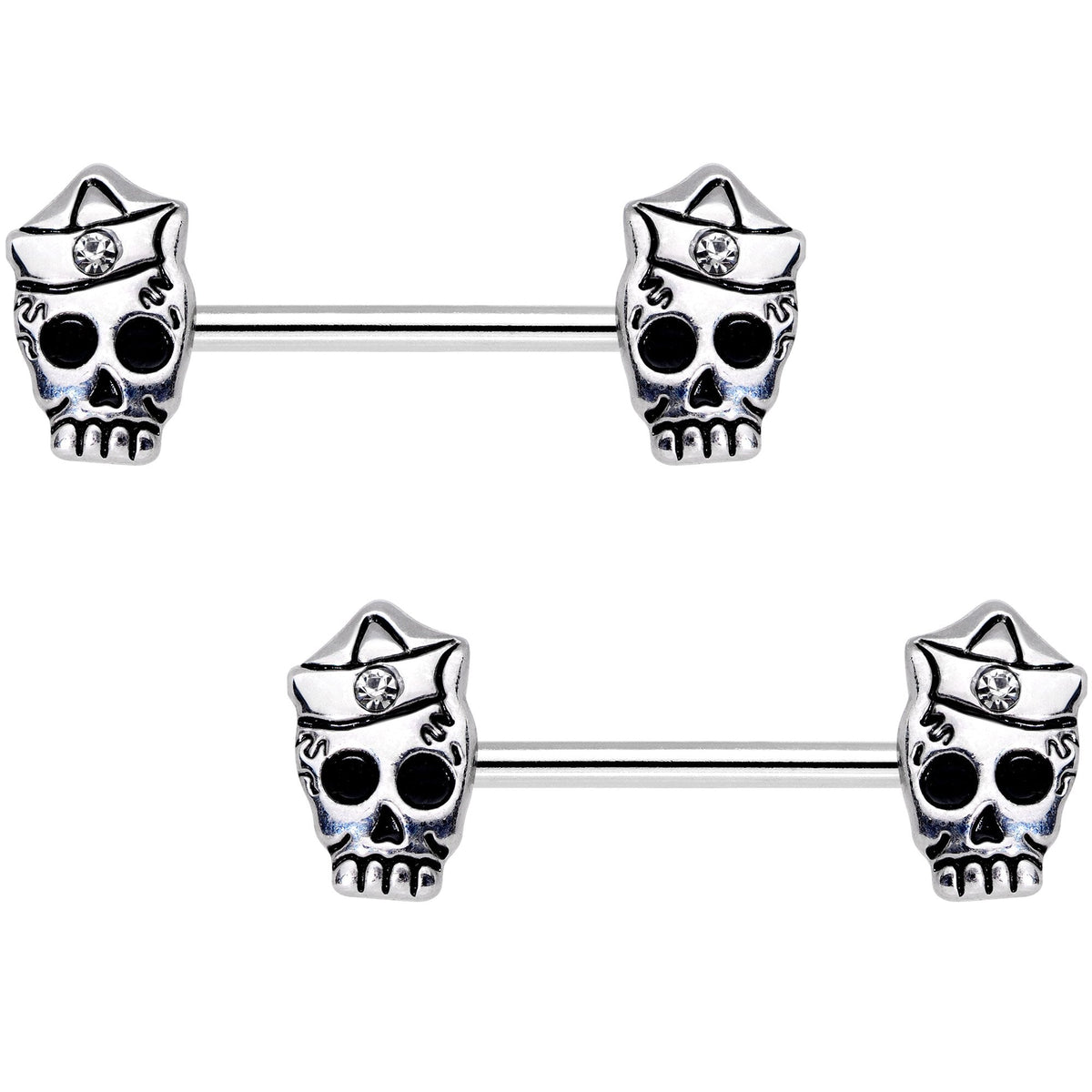 Clear CZ Gem First Mate Skull Barbell Nipple Ring Set