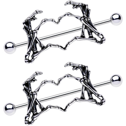 1 1/2 Skeleton Hand Heart Nipple Barbell Shield Set