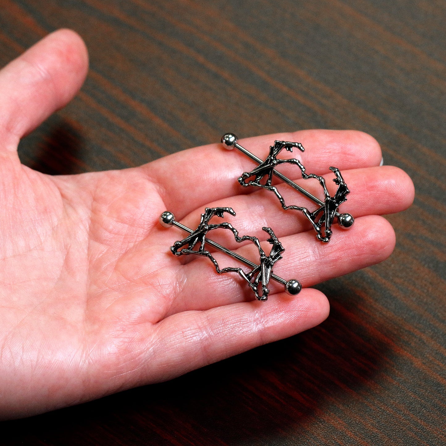 1 1/2 Skeleton Hand Heart Nipple Barbell Shield Set