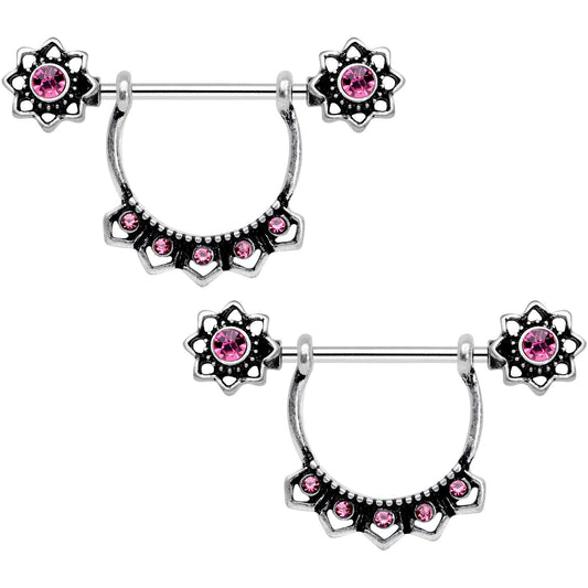 Pink Gem Flapper Fashion Removable Dangle Barbell Nipple Ring Set