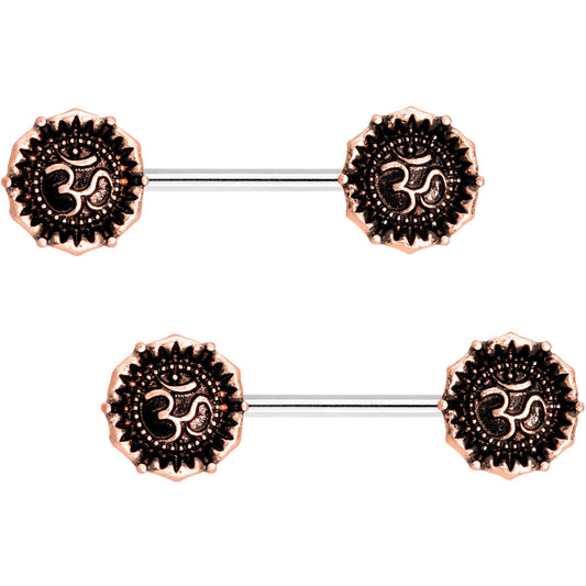 Rose Gold Tone Spiritual Ohm Symbol Barbell Nipple Ring Set