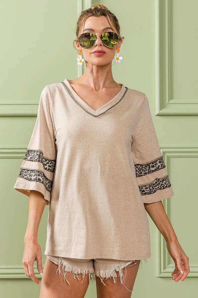 BiBi Triblend Knit Top with Leopard Band Detail