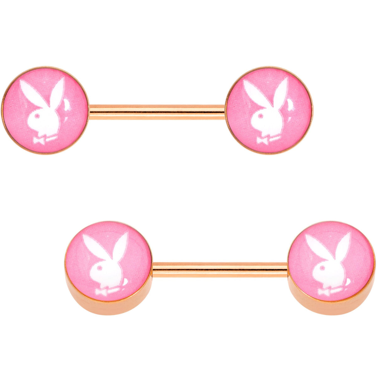 Licensed Pink White Playboy Bunny Gold Tone Barbell Nipple Ring Set