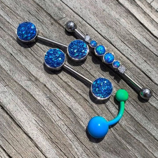 14G 9/16 Blue Synthetic Druzy Bodacious Barbell Nipple Ring Set