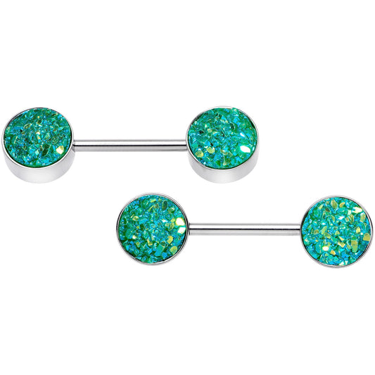 14G 9/16 Green Synthetic Druzy Garden Barbell Nipple Ring Set