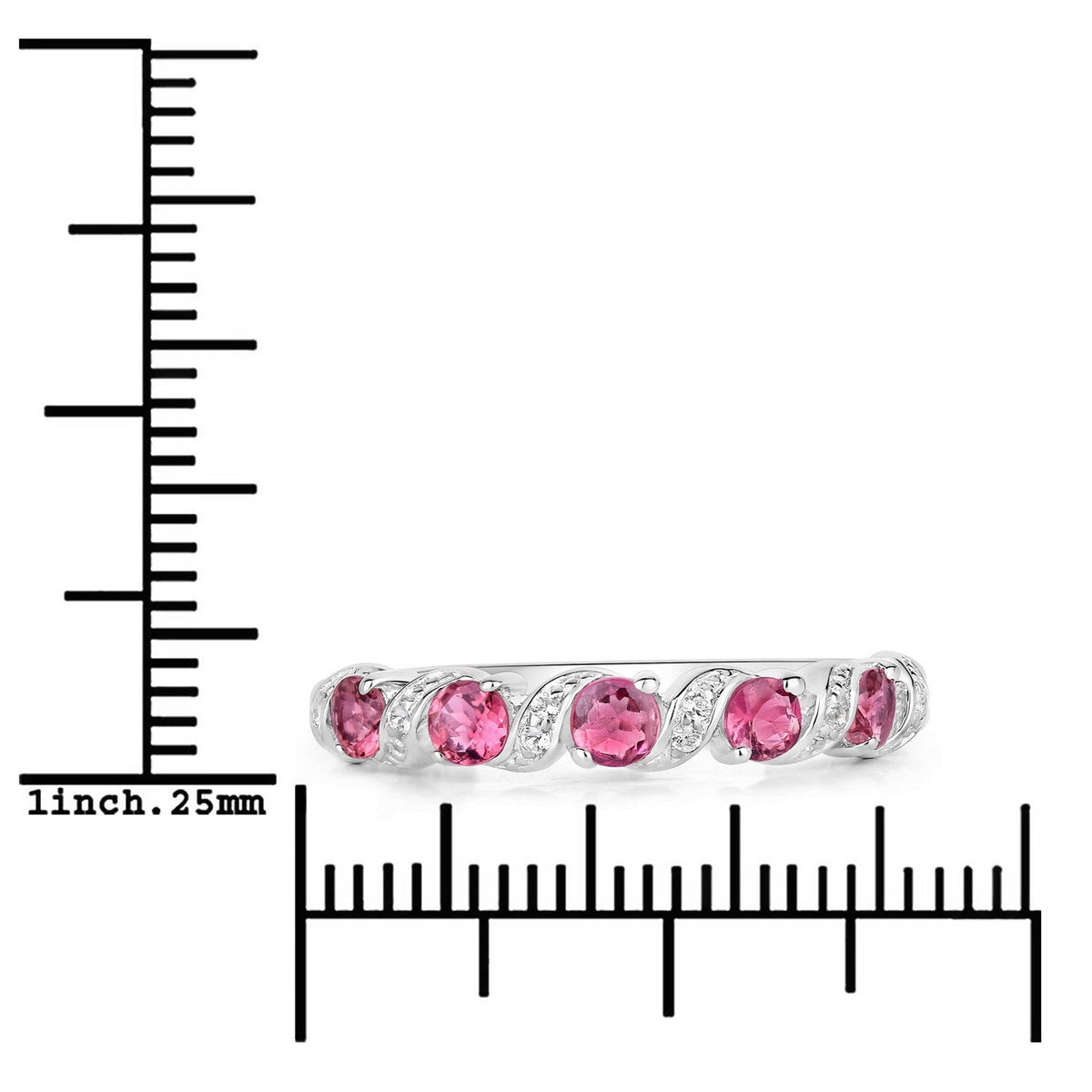 0.64 Carat Genuine Pink Tourmaline and White Topaz .925 Sterling Silver Ring