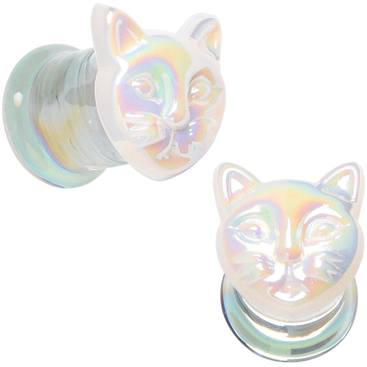 Aurora White Glass Double Flare Kitty Cat Plug Set 6mm to 25mm
