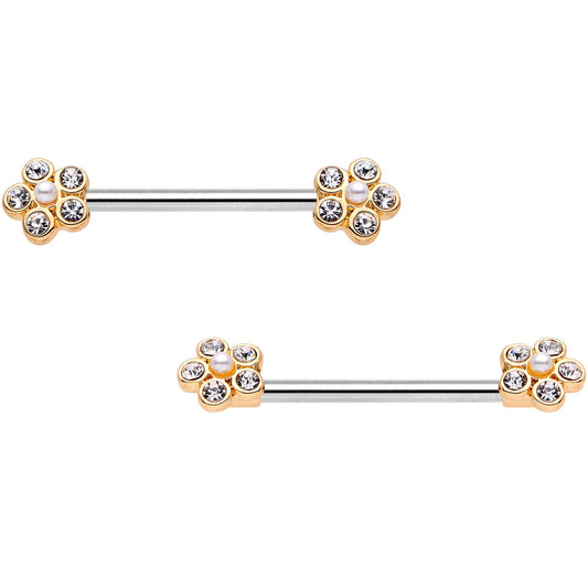 14G 9/16 Clear Gem Precious Flower Barbell Nipple Ring Set