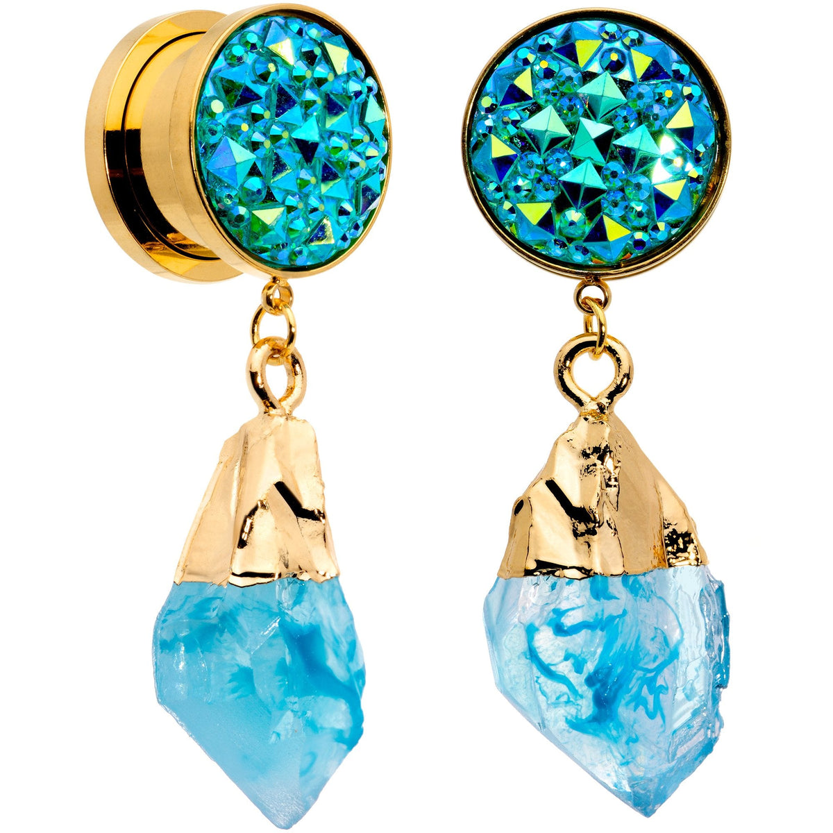 Blue Faux Druzy Quartz Gold Tone Dangle Screw Fit Plug Set 8mm to 16mm