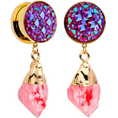 Pink Faux Druzy Quartz Gold Tone Dangle Screw Fit Plug Set 8mm to 16mm