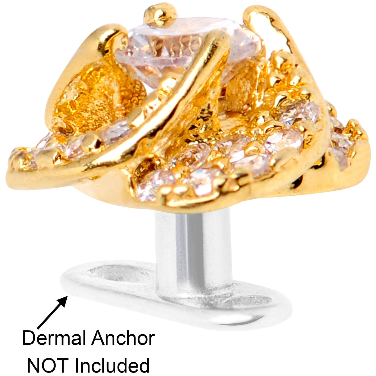 14G Clear CZ Gem Roses Romance Gold Tone Dermal Anchor Top