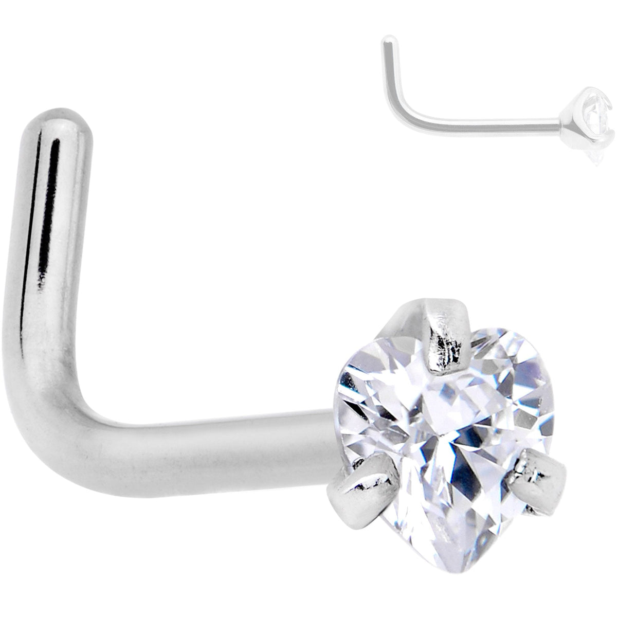 20G Clear 3mm CZ Heart Gem Grade 23 Titanium L Shaped Nose Ring