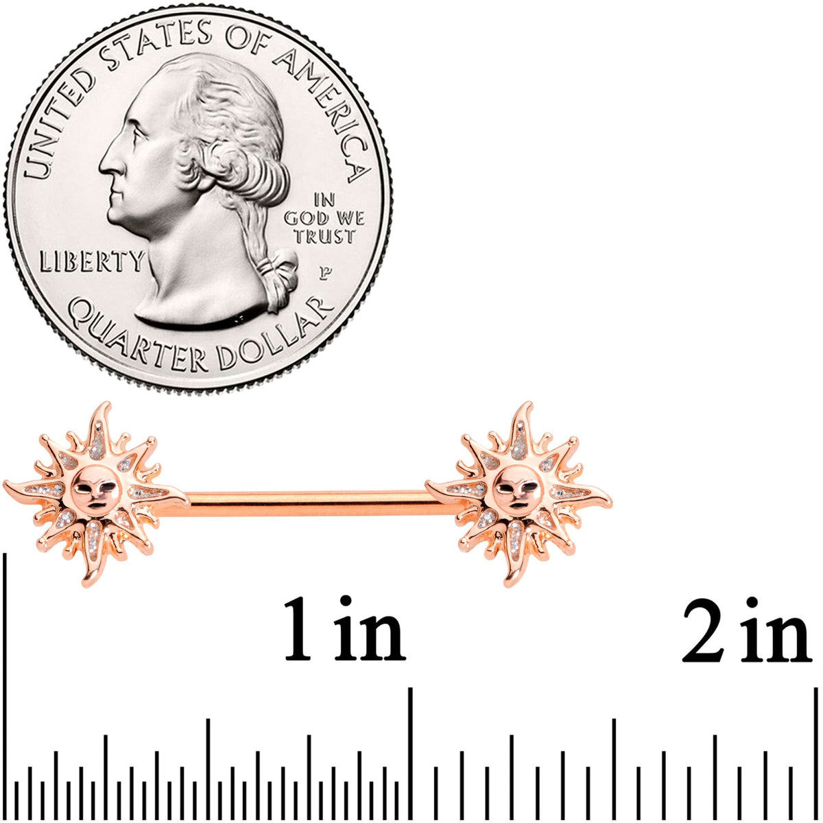14G 5/8 Glitter Inlay Rose Gold Tone Sun Barbell Nipple Ring Set