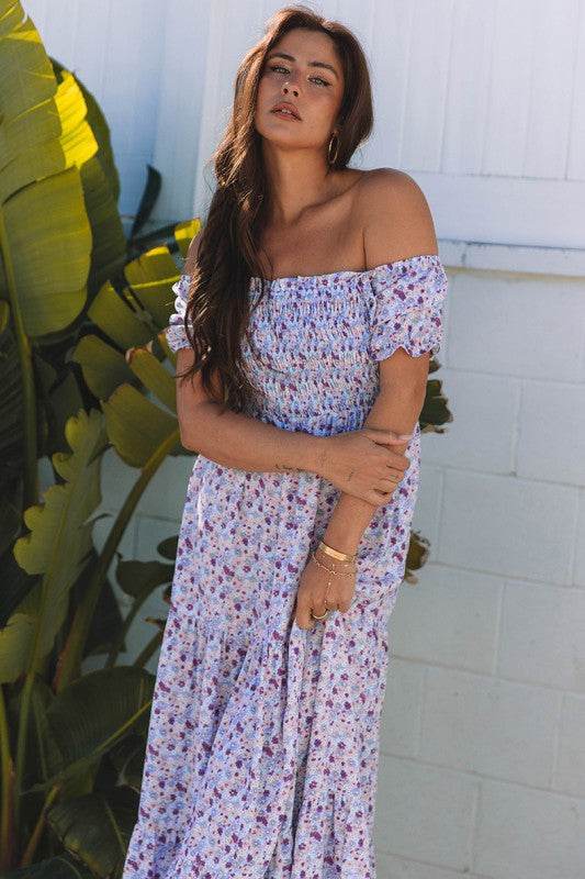 Bubble Sleeve Shirred High Waist Maxi Dress