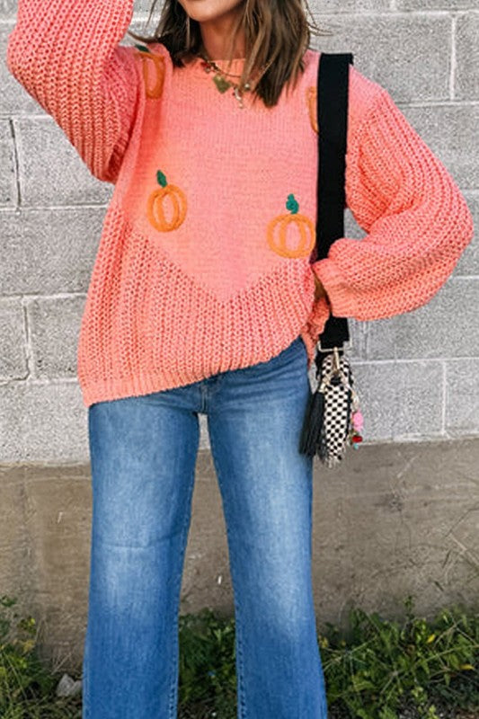 Pumpkin Embroidered Thanksgiving Holiday Sweater