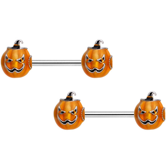 14G 9/16 Sinister Jack O Lantern Barbell Nipple Ring Set