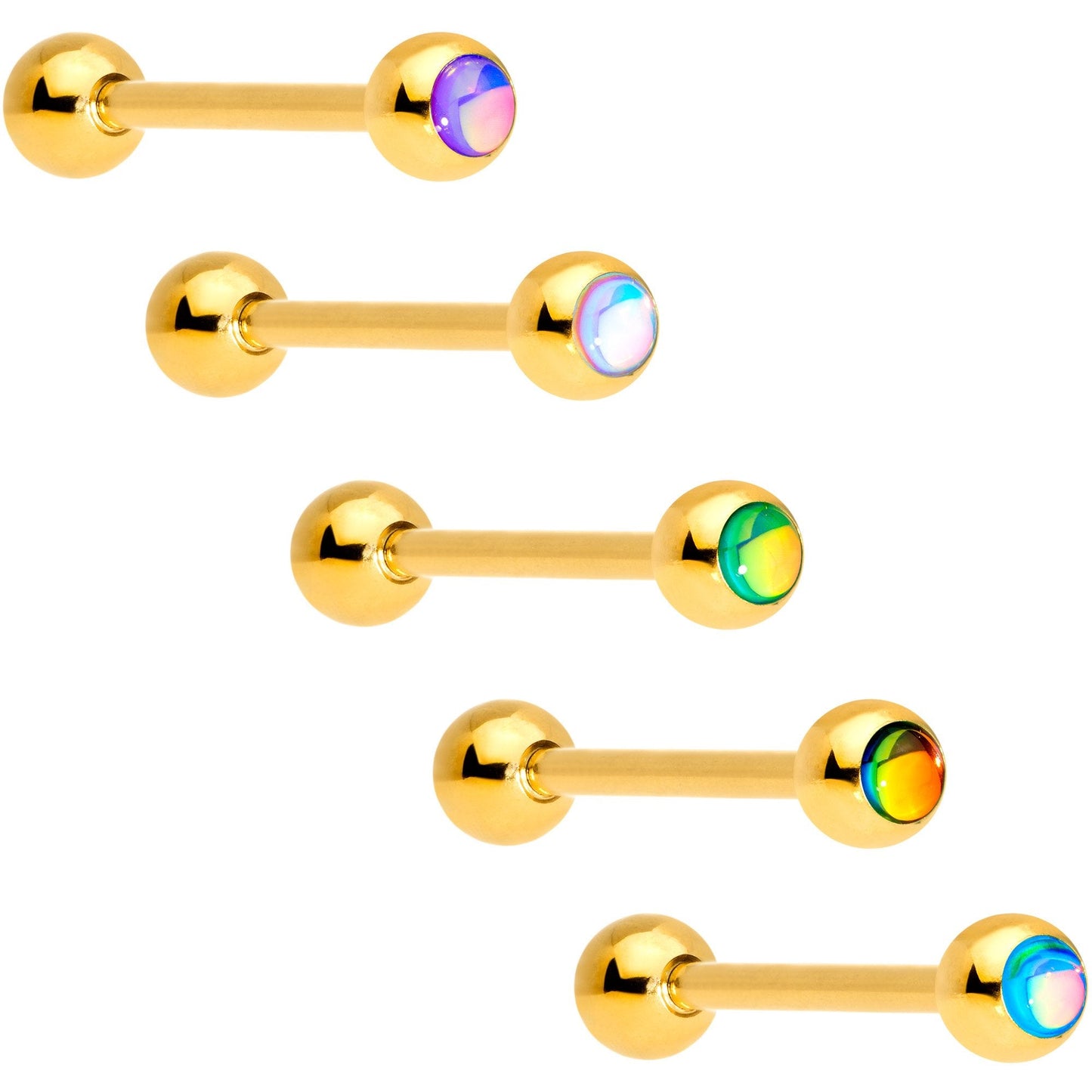 Aurora Gem Inlay Gold Tone Barbell Tongue Ring Set of 5