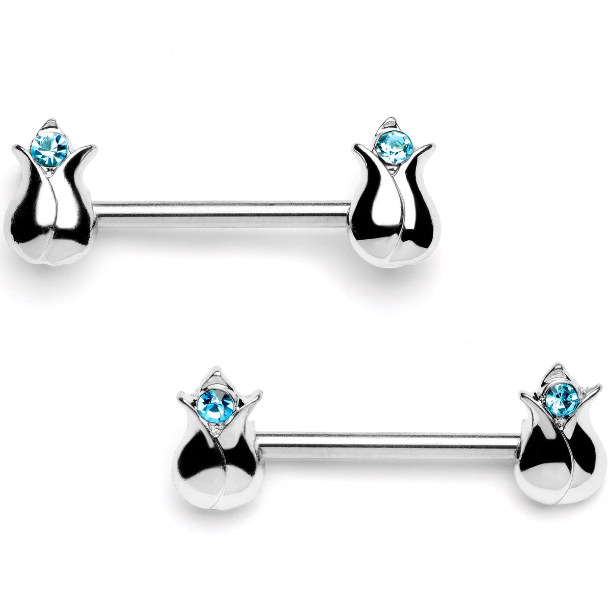 14G 9/16 Aqua Gem Tulips Flower Barbell Nipple Ring Set
