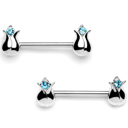 14G 9/16 Aqua Gem Tulips Flower Barbell Nipple Ring Set