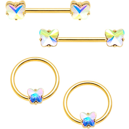 14G Aurora Gem Butterfly Gold Tone BCR Nipple Ring Set