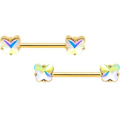 14G Aurora Gem Butterfly Gold Tone BCR Nipple Ring Set