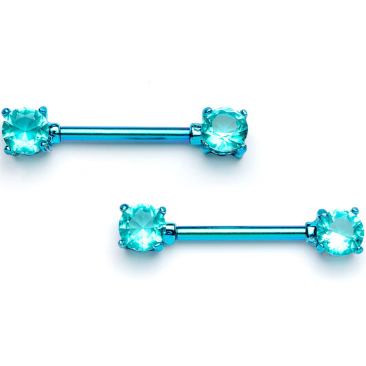 14G 9/16 Teal Gem Blue Anodized Barbell Nipple Ring Set