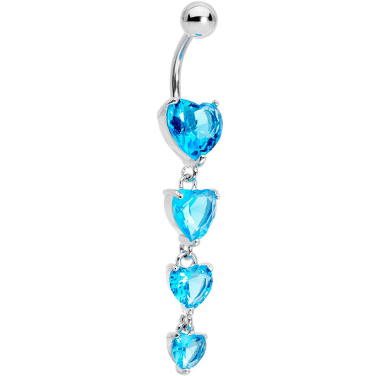 Blue CZ Gem Waterfall of Hearts Dangle Belly Ring