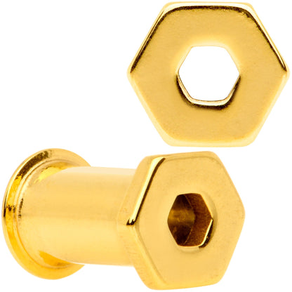 Gold Tone Geometric Hexagon Double Flare Tunnel Plug Set 3mm to 25mm