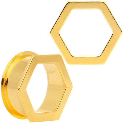 Gold Tone Geometric Hexagon Double Flare Tunnel Plug Set 3mm to 25mm