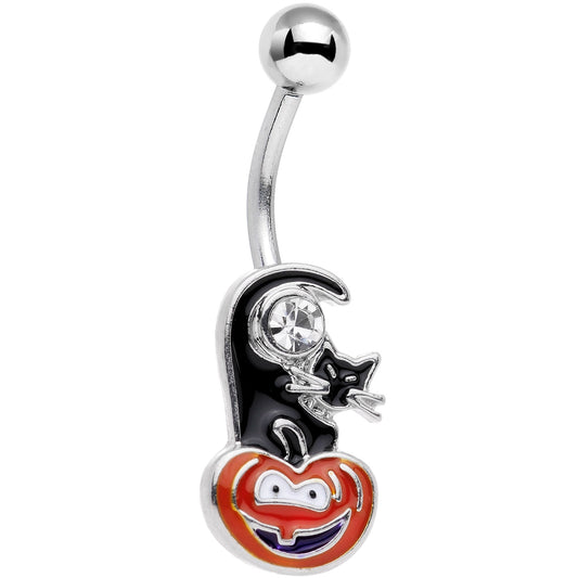 Clear Gem Halloween Black Cat Jack O Lantern Belly Ring