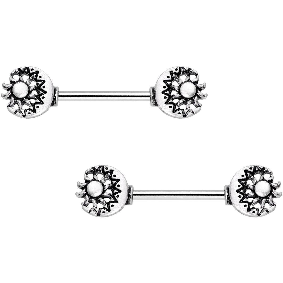 14G 9/16 Crescent Moon and Sun Barbell Nipple Ring Set
