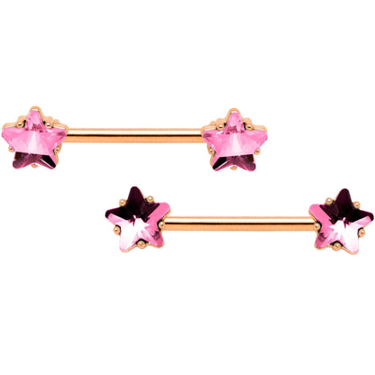 14G Pink Gem Star Rose Gold Tone Captive Barbell Nipple Ring Set