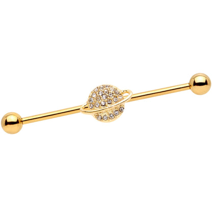 14G Clear Gem Gold Tone Planet Saturn Industrial Barbell 38mm
