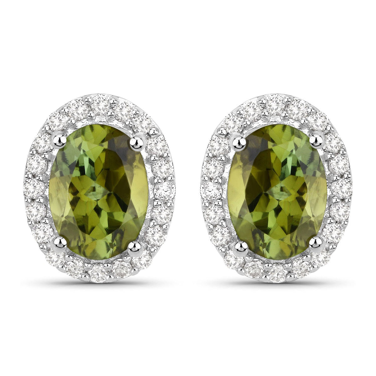1.92 Carat Genuine Green Tourmaline and White Diamond 14K White Gold Earrings