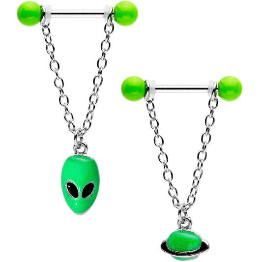 14G 9/16 Glow Alien Saturn Dangle Barbell Nipple Ring Set