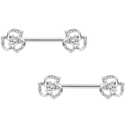 14G 9/16 Clear Gem Full Flower Barbell Nipple Ring Set