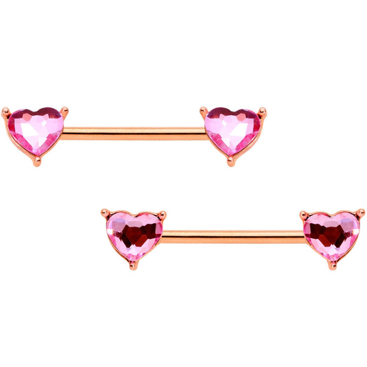 14G Pink Gem Rose Gold Tone Heart BCR Barbell Nipple Ring Set