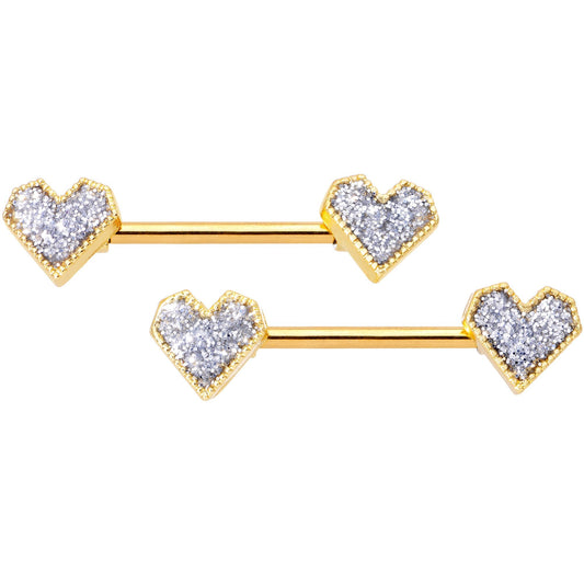 14G 9/16 Gold Tone Valentine Heart Barbell Nipple Ring Set